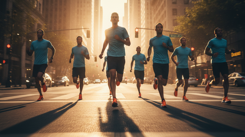 A group of men in light blue shirts and black shorts run together down a city street at sunset.