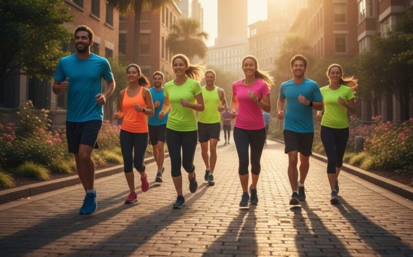 A diverse group of people in athletic wear jog together down a sunlit city street lined with brick buildings and palm trees.