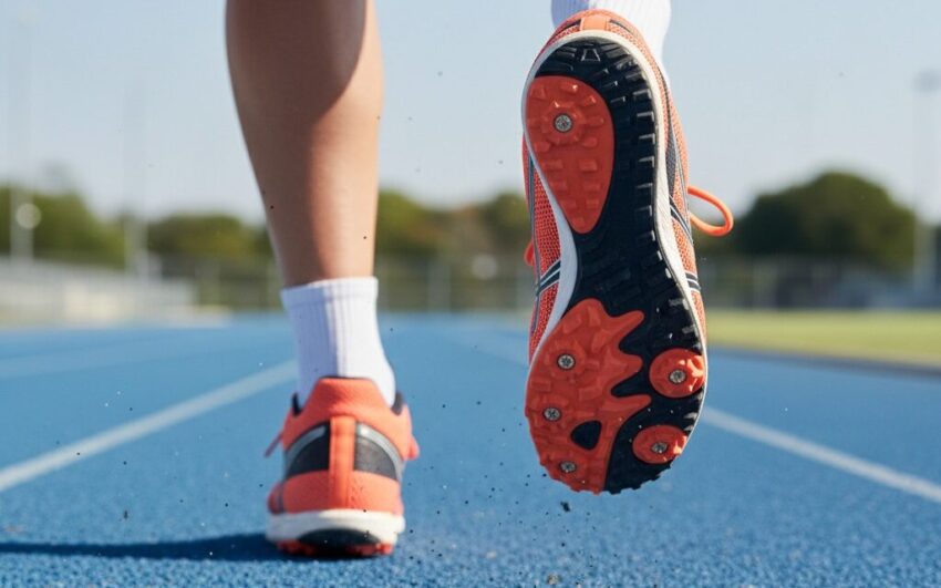 A runner in orange athletic shoes sprints across a blue track.