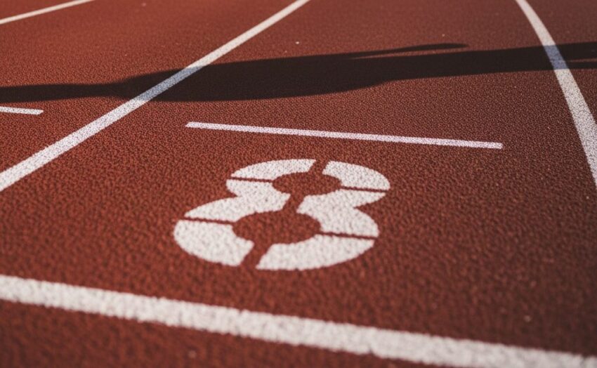 A close-up view of lane number eight on a red running track at a stadium.