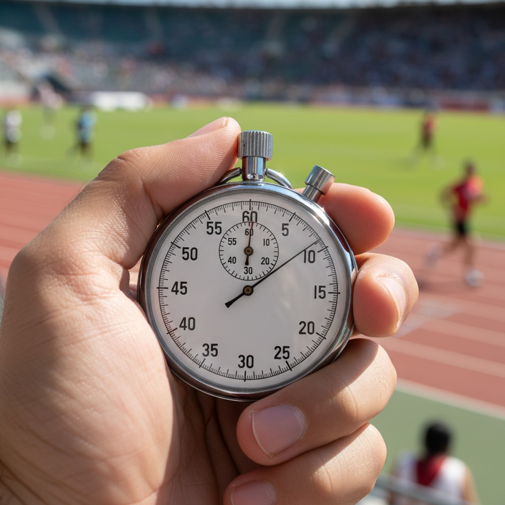 A hand holds a silver stopwatch with a white face and black numbers in front of a running track and field stadium.
