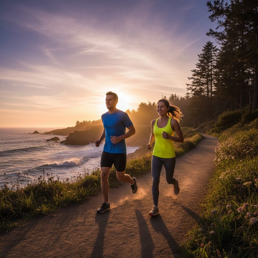 A man and a woman run together along a coastal dirt path at sunset.